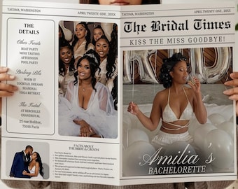 Plantilla de periódico para despedida de soltera con juegos, despedida de soltera, despedida de soltera, Canva editable