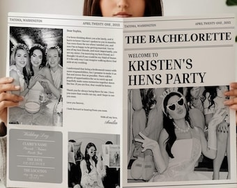 Zeitung Junggesellinnenabschied, Vintage Reiseplan, Frau der Party bearbeitbar Hen Party einladen, druckbar und personalisierbar