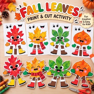 Può includere: Un foglio di attività Fall Leaves Print & Cut con quattro distinti personaggi a forma di foglia con volti, braccia e gambe. Il set include un acero rosso, un acero giallo, una foglia di castagno verde e una foglia arancione.