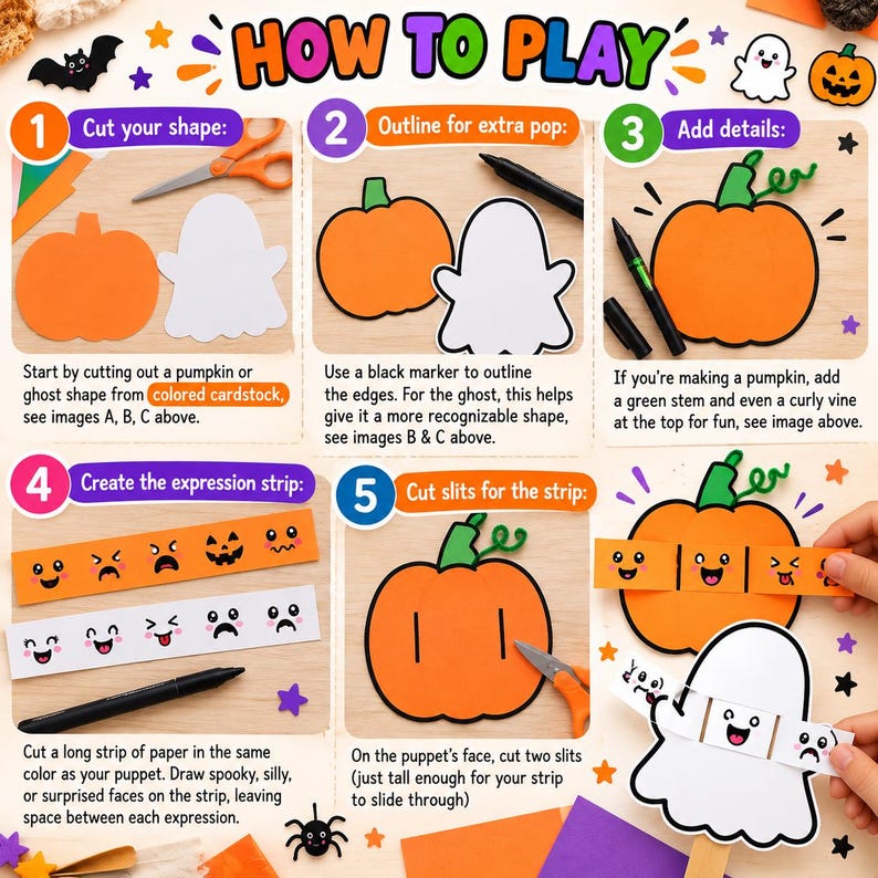 May include: A five-step instructional guide titled HOW TO PLAY, showing how to craft paper pumpkin and ghost puppets. The steps include cutting shapes, outlining with a black marker, adding details, creating expression strips, and cutting slits.
