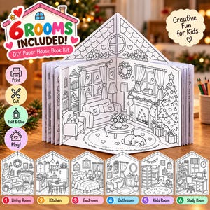 Puede incluir: Un kit de libro de casa de papel DIY con 6 habitaciones para colorear, recortar, doblar y pegar. El libro muestra una sala de estar con chimenea, árbol de Navidad y muebles. Debajo, seis ilustraciones de habitaciones numeradas del 1 al 6.