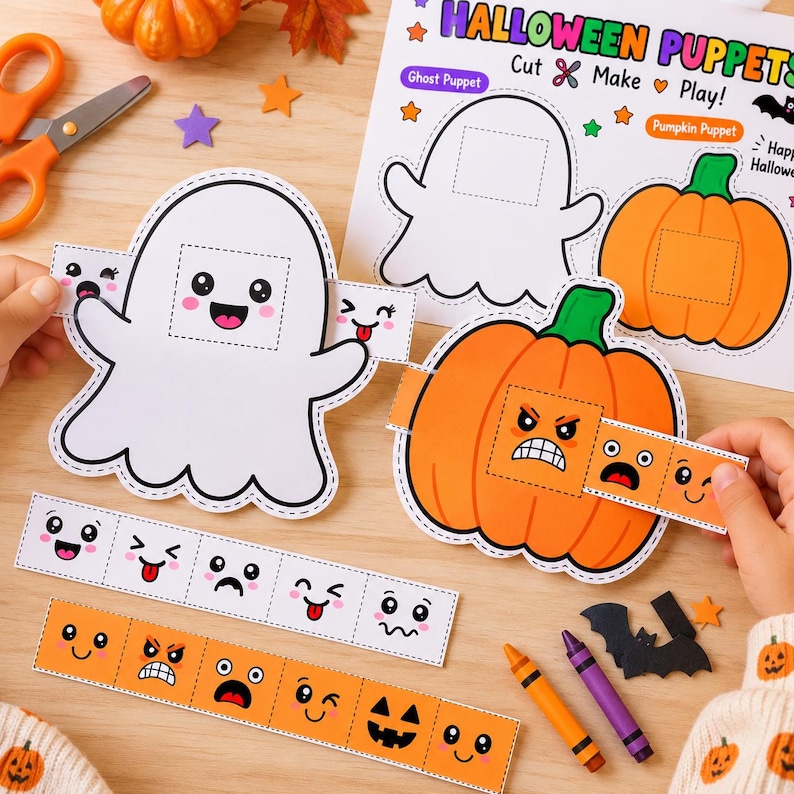May include: A DIY Halloween puppet craft kit featuring a white ghost and an orange pumpkin cutout. The set includes paper strips with various printed facial expressions, orange scissors, and two crayons. The instruction sheet reads Halloween Puppets.