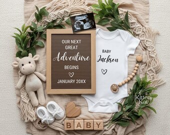 Neutral Pregnancy Reveal Digital, Our Next Adventure Baby Announcement, Social Media Facebook Instagram, Editable Template, Boho Teddy Bear