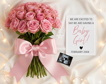 Baby Girl Minimalist Pregnancy Announcement Digital, Editable It's a Girl Template, Pink Bow Floral Social Media Reveal, Little sister, Lady