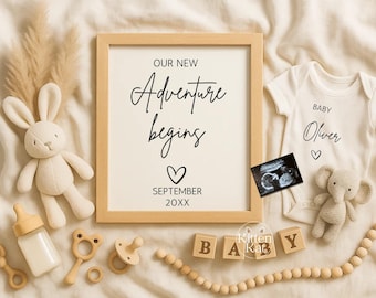 Adventure Pregnancy Announcement, Neutral Boho Teddy Bear Baby Gender Reveal for social media, safari animal theme, September 2025