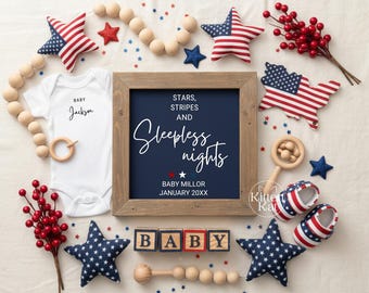Anuncio de embarazo del 4 de julio: Estrellas, rayas, noches de insomnio Descarga digital Día de la Independencia, rojo, blanco y revelación del bebé que nacerá