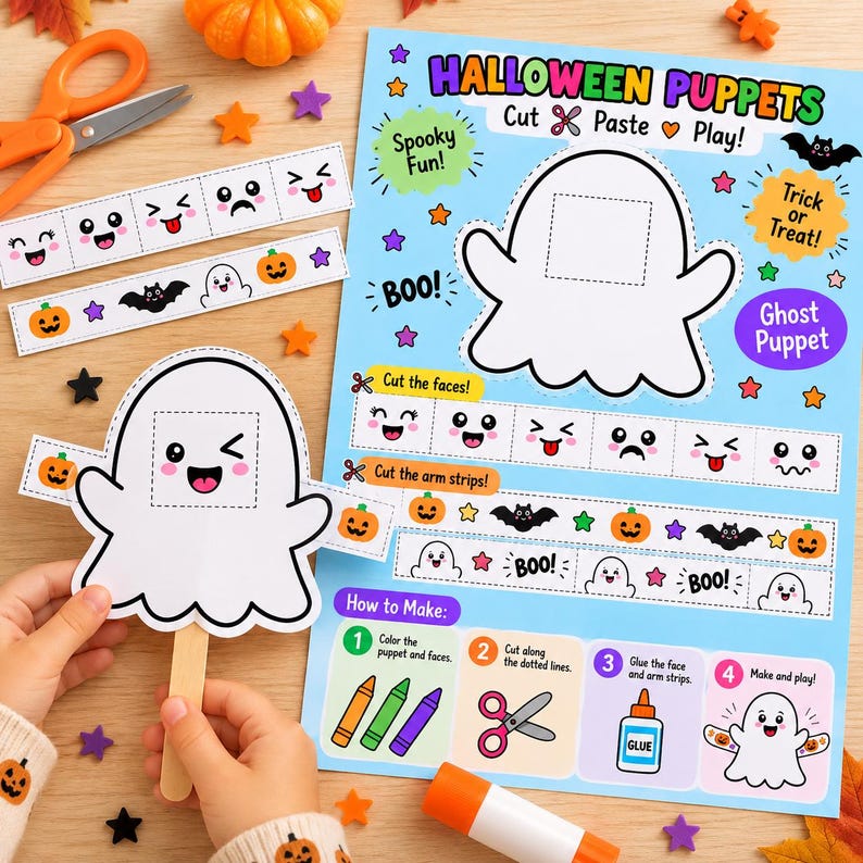 May include: A DIY Halloween ghost puppet craft kit on a light blue sheet featuring instructions, cut-out face expressions, and arm strips. The sheet includes text like Halloween Puppets, Cut Paste Play, and How to Make, with a finished ghost puppet on a stick.