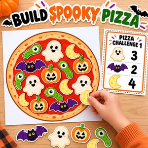 May include: A Build Spooky Pizza activity set featuring a large paper pizza with red sauce and crust. Includes cut-out stickers of ghosts, pumpkins, bats, moons, and green eyes. A Pizza Challenge 1 card shows quantities for each item.