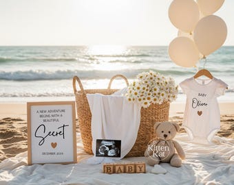 Faire-part de grossesse plage, modèle numérique et modifiable, faire-part de bébé nautique, nounours bohème, téléchargement immédiat, message doux bébé