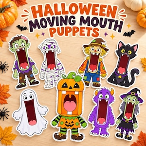 Pode incluir: Uma coleção de oito marionetas de papel de Halloween com boca móvel, incluindo um zombie, múmia, espantalho, gato preto, fantasma, abóbora, monstro roxo e bruxa com o texto HALLOWEEN MOVING MOUTH PUPPETS impresso em letras grandes.