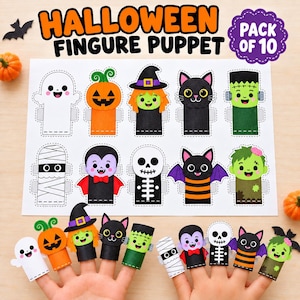 Op de afbeelding: Een set van 10 Halloween-vingerpoppetjes met stripfiguren, waaronder een geest, pompoen, heks, kat, Frankenstein-monster, mummie, vampier, skelet, vleermuis en zombie. Het vel bevat uitknipbare sjablonen voor elk personage.