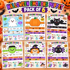 May include: A set of six Halloween craft sheets featuring cut-and-paste puppet designs for a ghost, pumpkin, bat, monster, witch, and spider. Each sheet includes facial expressions, arm strips, and illustrated instructions for assembly.