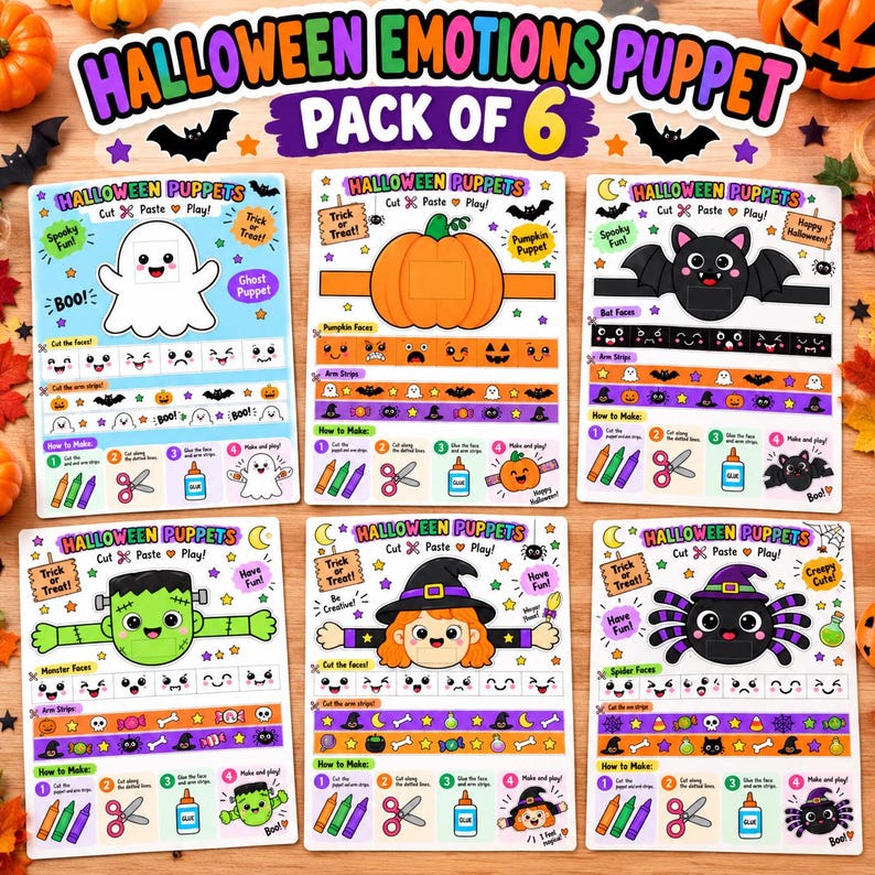 May include: A set of six Halloween craft sheets featuring cut-and-paste puppet designs for a ghost, pumpkin, bat, monster, witch, and spider. Each sheet includes facial expressions, arm strips, and illustrated instructions for assembly.
