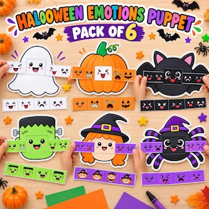 May include: A set of six Halloween emotions puppets featuring a ghost, pumpkin, bat, Frankenstein monster, witch, and spider. Each paper puppet includes a sliding strip with various facial expressions, labeled with the text Halloween Emotions Puppet Pack of 6.