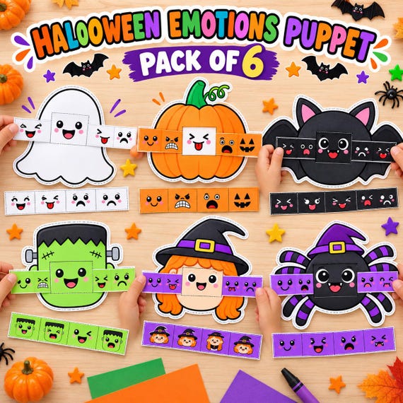 Halloween Emotion puppet activity, Preschool Halloween game, Toddler Halloween paper cut craft fall Activity, classroom craft PDF