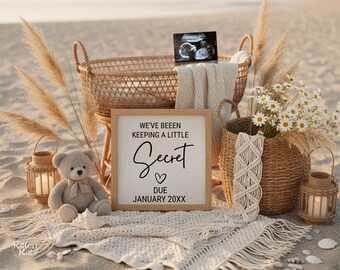 Faire-part de grossesse plage, modèle numérique et modifiable, faire-part de bébé nautique, téléchargement immédiat, message doux bébé thème Boho