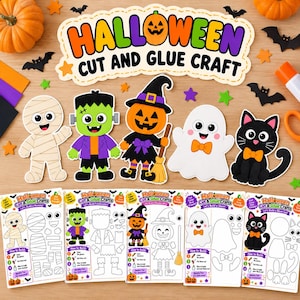 May include: A Halloween cut and glue craft set featuring five paper characters: a mummy, Frankenstein's monster, a pumpkin witch, a ghost, and a black cat. Below the characters are five corresponding activity sheets with instructions and outlines.
