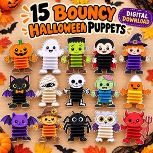 May include: A digital download set of 15 Halloween-themed paper puppets featuring characters like a pumpkin, ghost, Frankenstein, vampire, witch, cat, mummy, skeleton, zombie, candy corn, bat, scarecrow, spider, owl, and a red devil.