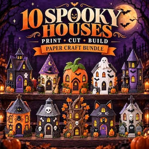 Op de afbeelding: Een digitale afbeelding met 10 griezelige papieren huisjes in Halloween-thema, inclusief pompoen-, kat- en spookontwerpen. De tekst luidt 10 SPOOKY HOUSES PRINT CUT BUILD PAPER CRAFT BUNDLE tegen een donkerpaarse achtergrond met volle maan.