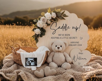 Western Pregnancy Announcement, Digital Baby Reveal, Saddle Up, Cowboy, Boho Teddy Bear, Little Secret, Instant Download, Editable Template