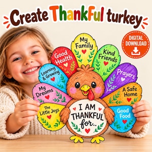 May include: A colorful paper turkey craft with the text Create Thankful turkey and Digital Download. The turkey body features the text I AM THANKFUL for, surrounded by feathers labeled with phrases like My Family, Good Health, and Kind Friends.