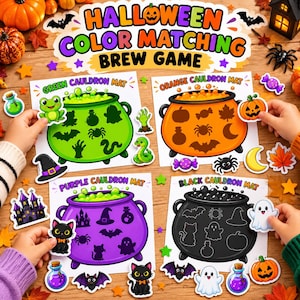 Może przedstawiać: Gra w dopasowywanie kolorów na Halloween z czterema białymi matami przedstawiającymi zielony, pomarańczowy, fioletowy i czarny kociołek. Każda mata zawiera sylwetki przedmiotów, takich jak nietoperze, pająki i duszki, do których pasują wycinanki.