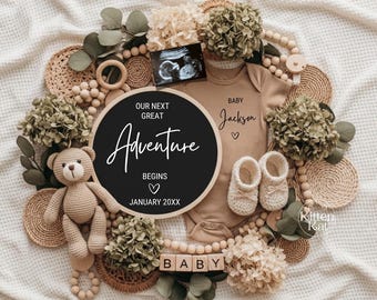 Neutral Pregnancy Announcement Digital, Boho Teddy Baby Gender Reveal, Social Media Facebook Instagram Editable Template, Our Next Adventure