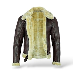 Men’s Brown Sheepskin Aviator Bomber Jacket – Vintage Style Leather Flying Jacket with Shearling Lining