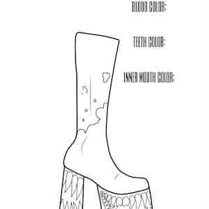 Może przedstawiać: Rysunek linii buta na wysokim obcasie o unikalnym designie. Obcas i platforma mają poszarpany, ząbkowany wzór. Tekst u góry prosi o kolor buta, z opcjami czarnym lub białym. Dodatkowe podpowiedzi dotyczące kolorów krwi, zębów i wnętrza jamy ustnej.