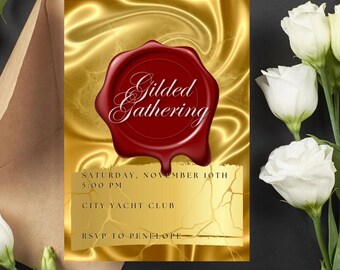 Gold & Burgundy Wax Seal Invitation: Elegant Gala, Yacht Club (Digital Download