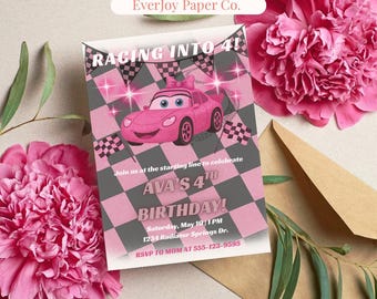 Pink Race Car 4th Birthday Invitation: Editable Cars Theme (Digital Download)