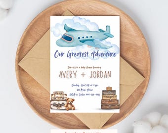 Adventure Awaits Baby Shower Invitation: Airplane & Teddy Bear (Digital Download)