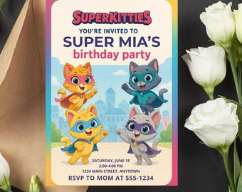 Superhero Kitty Birthday Invitation: Editable Kids Party Invite (Digital Download 5x7 + SMS Format