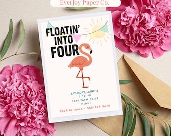 Flamingo 4th Birthday Invitation: Editable Pool Party Invite (Digital Download, SMS Option)