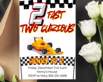 Two Fast Two Curious Birthday Invitation: Race Car Theme (Digital Download