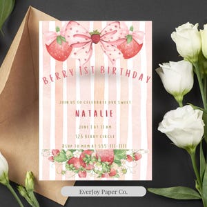 Berry First Birthday Invitation: Strawberry Party, Editable Template (Digital Download