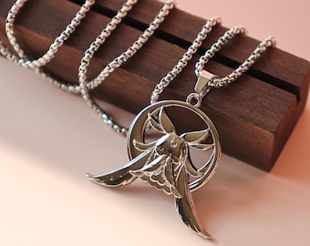 Genshi Colombina Titanium Steel Necklace with Circular Winged Pendant for Anime Cosplay Fan Gift and Elegant Silver Jewelry