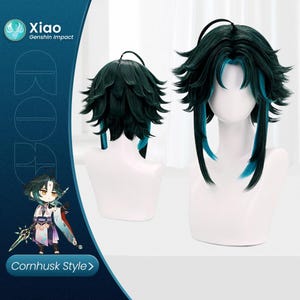 May include: A dark green wig with teal highlights, styled in a layered, spiky fashion. The wig is displayed on a white mannequin head. The image includes the text "Xiao Genshin Impact" and "Cornhusk Style>" in the corner.