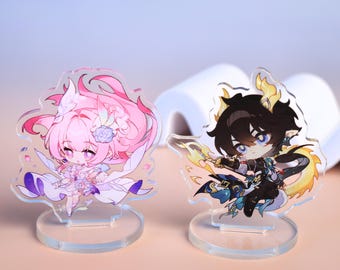 Honkai Star Rail acrylic standees featuring Cyrene and Dan Heng in vibrant chibi design, perfect for enhancing desk with anime collectibles