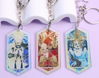 May include: Three acrylic keychains with silver metal hardware. Each keychain features a different anime-style character design in a stained-glass style. The keychains have a pearlescent finish and are displayed against a white background.