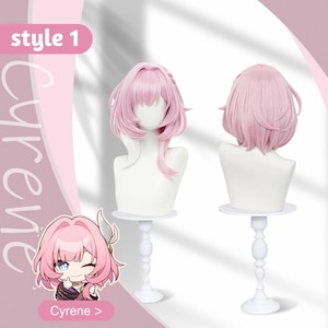 May include: Two pink wigs displayed on white mannequin heads. The wigs are styled with bangs and layered cuts. The text "style 1" is in the upper left corner. The word "Cyrene" is written vertically on the left side.