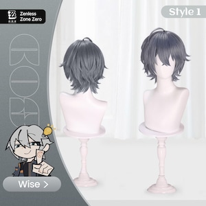 May include: Two gray wigs styled as Style 1, displayed on white mannequin heads with pedestals. The wigs have short, layered cuts. The background is a light gray with the text "Zenless Zone Zero" and "RODA".