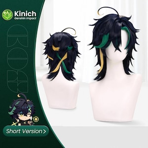 May include: Two black wigs with green and yellow highlights, displayed on white mannequin heads. The wigs have a layered style with long bangs and side pieces. The image includes the text "Kinich Genshin Impact" and "Short Version>."