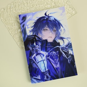 May include: A printed card featuring a blue-haired anime character holding a glowing lantern. The character is dressed in dark blue attire with intricate details. The artwork has a fantasy theme with a soft, ethereal glow.