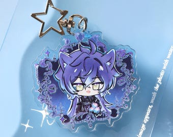 Genshin Flins Chibi Cat Ear Acrylic Keychain with Star Clip, Anime Backpack Charm for Cosplay Fans, Cute Purple Hair Figure Gift