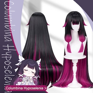 Könnte beinhalten: Schwarze Perücke mit langem, glattem Haar und leuchtend pinkfarbenen Highlights. Die Perücke hat einen geraden Pony und ist mit zwei tiefen Zöpfen gestylt. Der Text "Columbina Hypnoselenia" ist sichtbar.