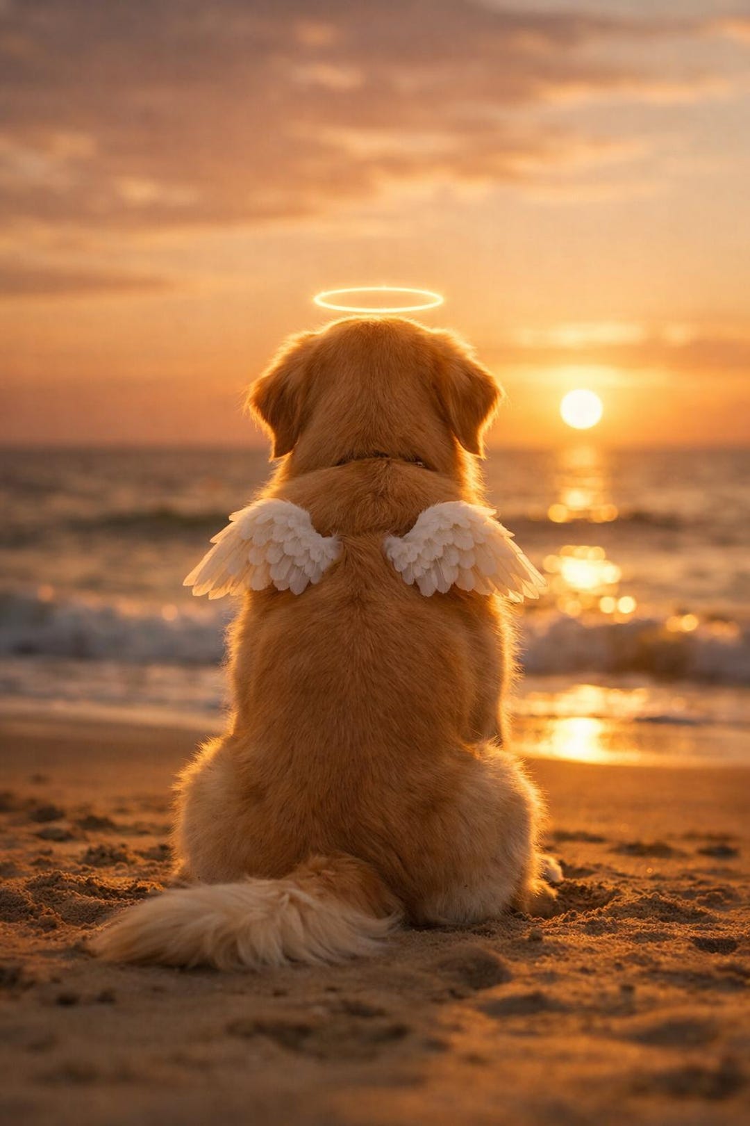 Custom Pet Memorial Portrait, Angel Wings Sunset Scene Golden Retriever ...
