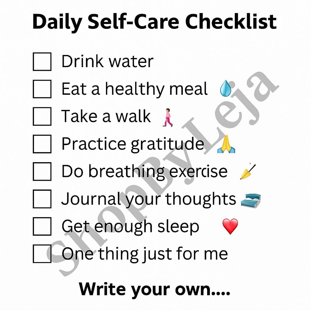 Daily Self Care Checklist Printable Mental Health Wall Art Wellness ...