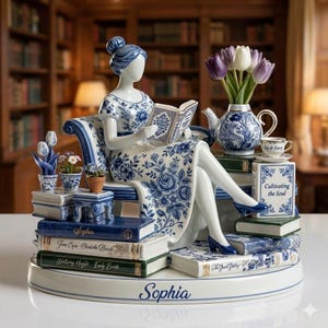 Könnte beinhalten: Porzellanfigur einer lesenden Frau, verziert mit blauen Blumenmustern. Sie sitzt auf einem Bücherstapel, mit einer Teekanne, einer Tasse und einer Vase mit Tulpen. Die Basis ist mit "Sophia" beschriftet.