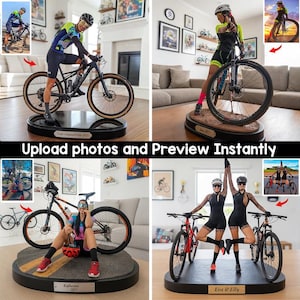 Puede incluir: Una colección de figuras personalizadas de bicicletas, cada una montada sobre una base con una placa conmemorativa. Las figuras representan ciclistas en poses de acción, con bicicletas detalladas. Las bases son negras y las figuras están en un interior.